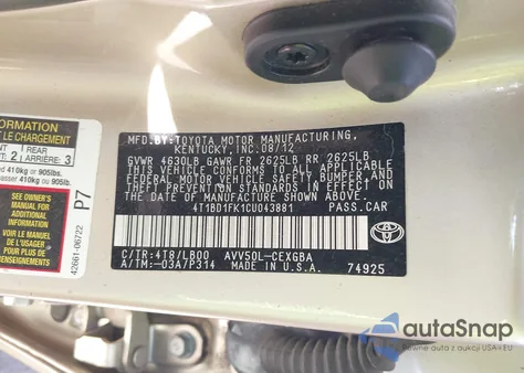 2012 Toyota Camry Hybrid Le/Xle z USA, uszkodzony, nr VIN 4T1BD1FK1CU043881